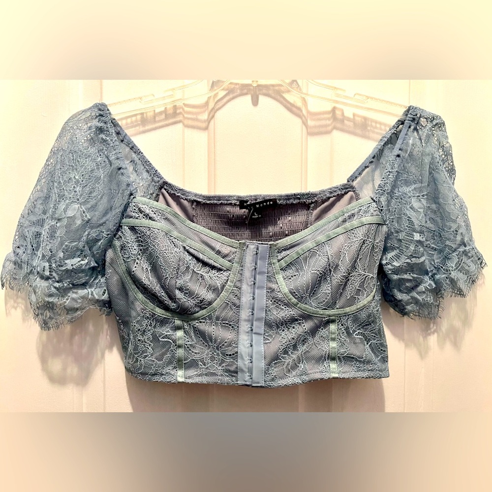 Haute Monde Lace Crop Top Size L Bustier Satin Trim Smocked Back